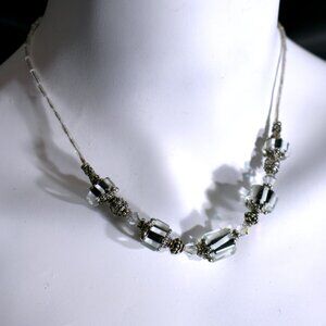 Black and white striped beaded and ab crystal handmade necklace